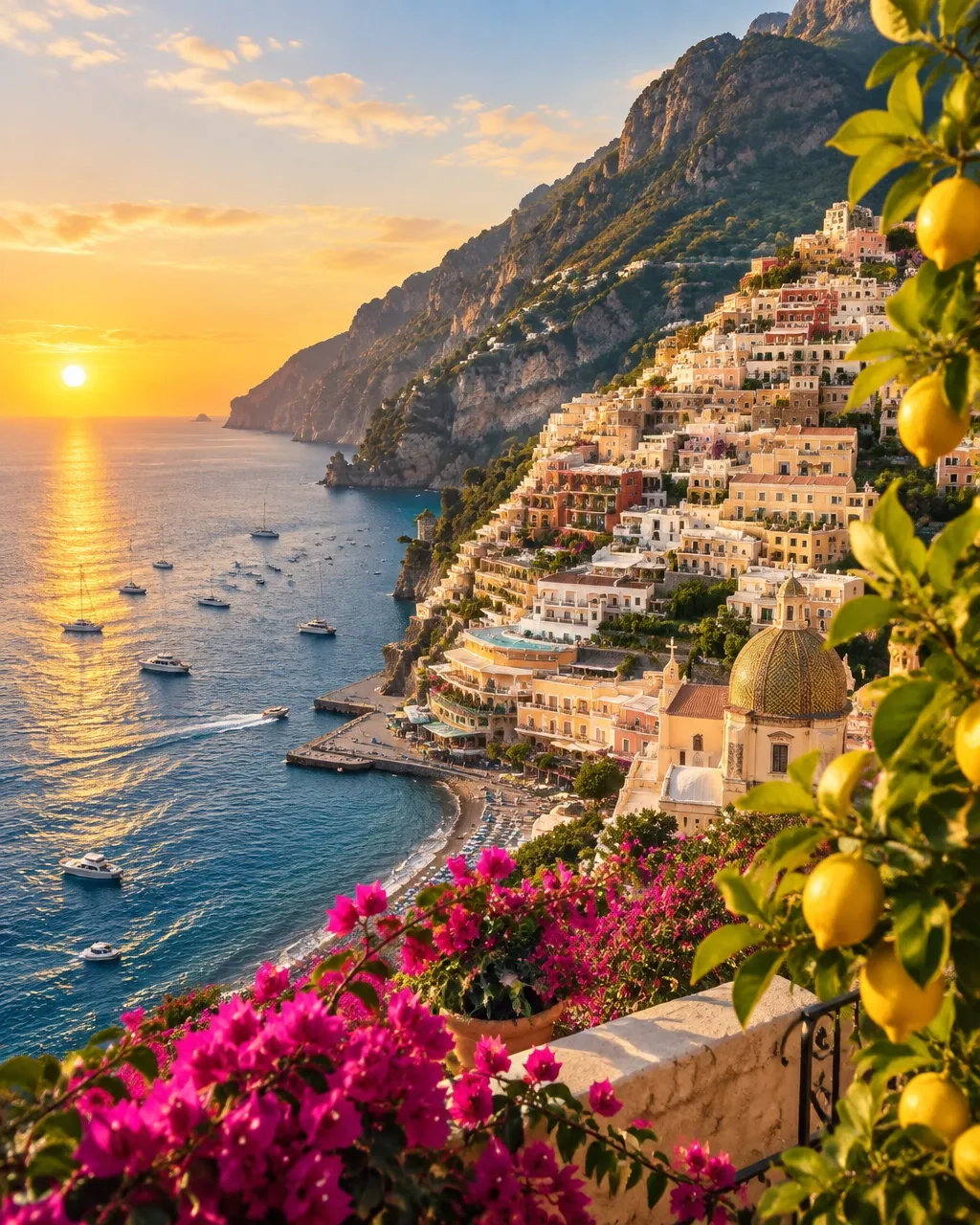 Golden-hour view of Positano and the Amalfi Coast